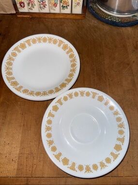 Corelle Butterfly Gold saucers and small dessert plates-6